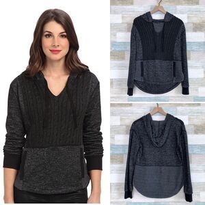 Sanctuary Cable Front French Terry Hoodie Sweatshirt Black Mixed Knit Womens XS